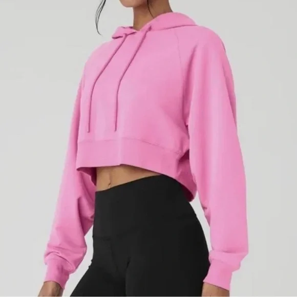 ALO Yoga Cropped Double Take Terry Hoodie in Paradise Pink - Picture 2 of 5